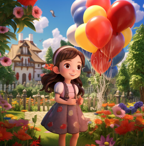 a young girl is holding balloons near a flower garden