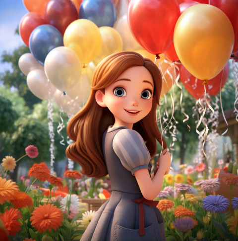 Little girl holding balloons in purple flowers