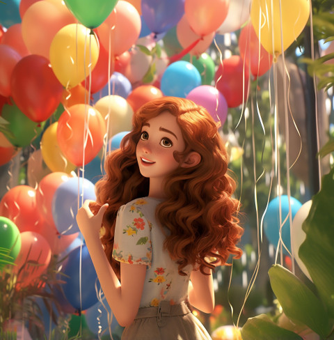 a girl in a dress holding balloons