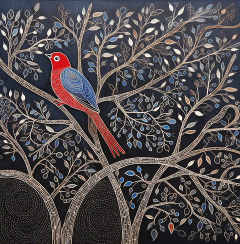 a painting of a bird and its branches in blues and reds