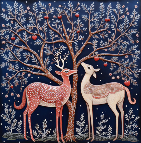 a painting of three deers and a bird