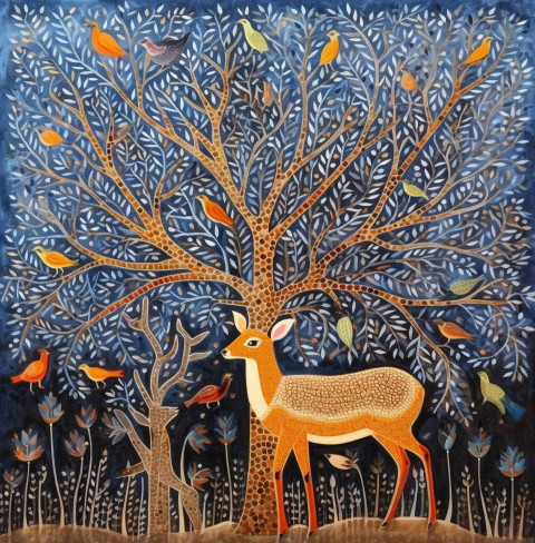 a colorful painting depicting a deer with birds