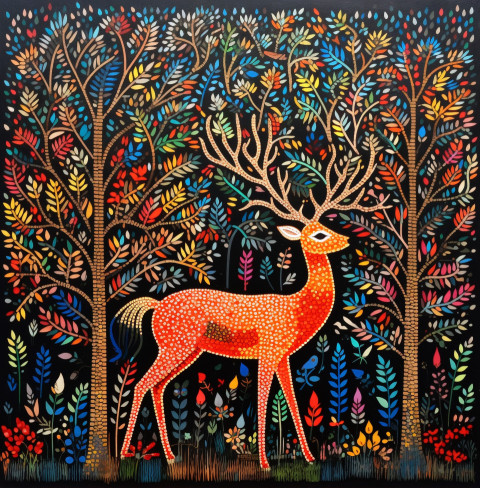 a deer is painted with different birds and flowers