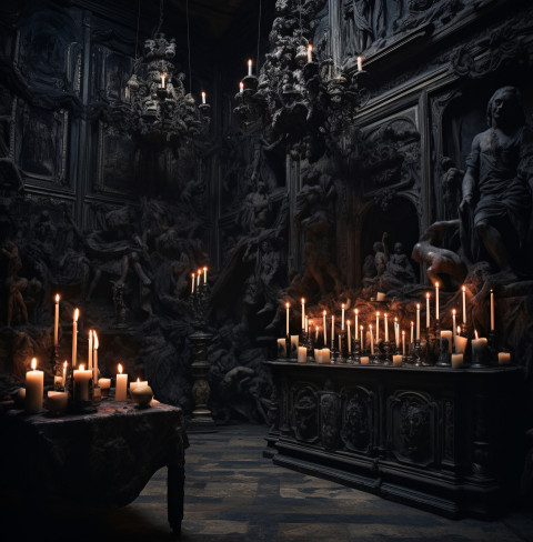 a black and ornately decorated room with candles and paintings