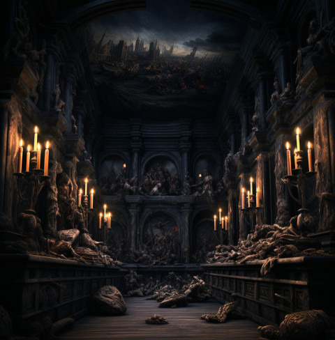 Candlelit black room with ornate paintings