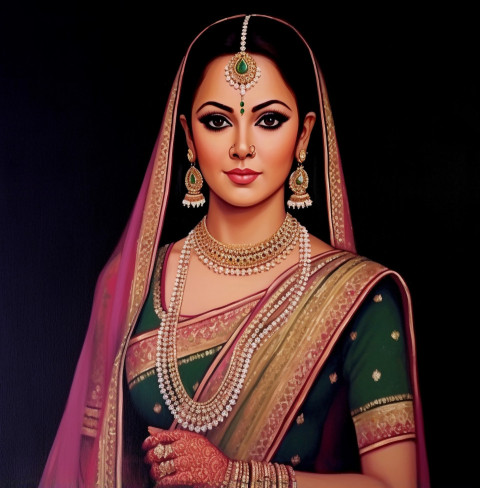 an ethnic painting of an indian girl with green sari