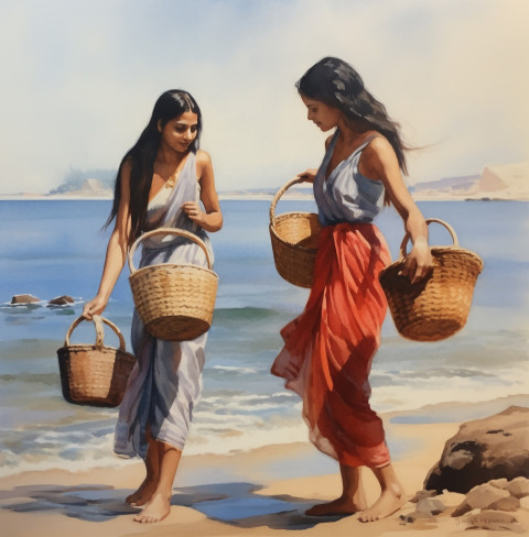 painting of women with baskets