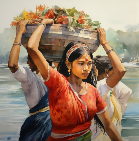 watercolor painting of women carrying water