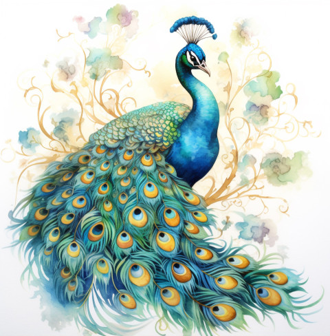 a colorful watercolor peacock is standing on a white background