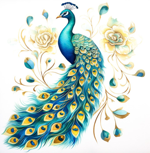 Watercolor peacock on white background