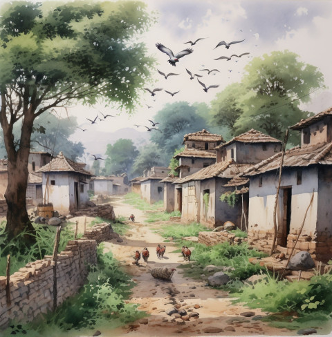 a watercolor painting of an indian village