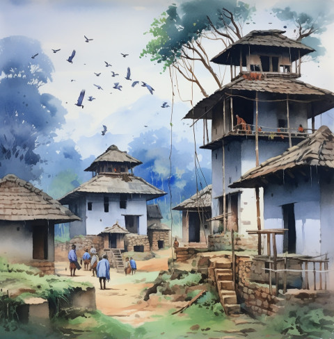 Watercolor Indian Village Scene