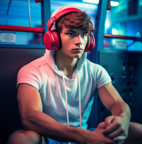 A man wearing headphones is traveling on an electric train and gazing out of the window.