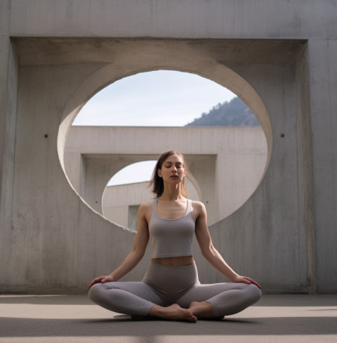 Woman in yoga pose against concrete wall