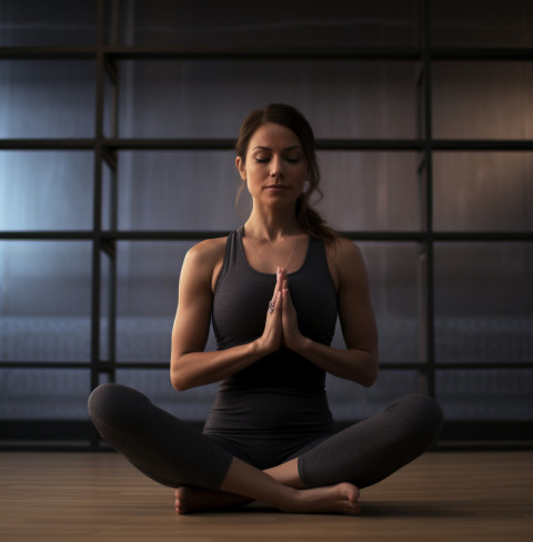 a woman doing a yoga pose in her gym