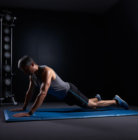 man doing an exercise on his mat against a dark back background