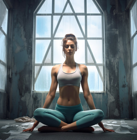 a woman stretches on a yoga mat in front of windows