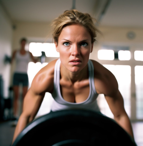 the woman is deadlifting a heavy weight in a closeup