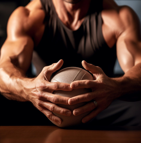 a close up of the mans hands as he grips the balance ball