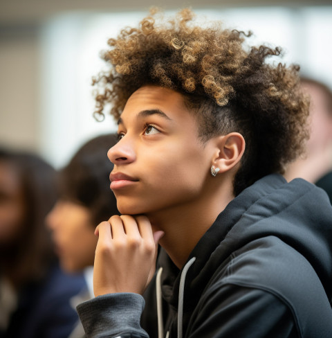 a close up portrait of one of the students as they brainstorm