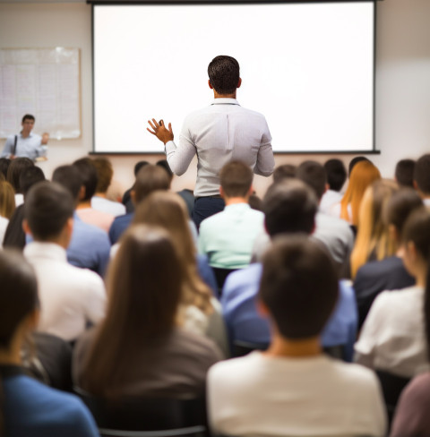 a wide angle shot of a teacher giving a lecture