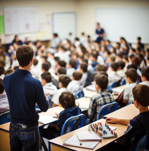 Teacher lecturing in front of large audience