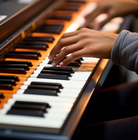 woman plays an electric piano close up hands