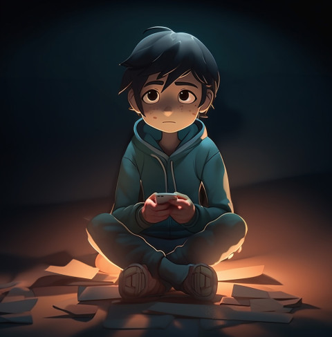 A child is sitting in a dark room surrounded by their fears