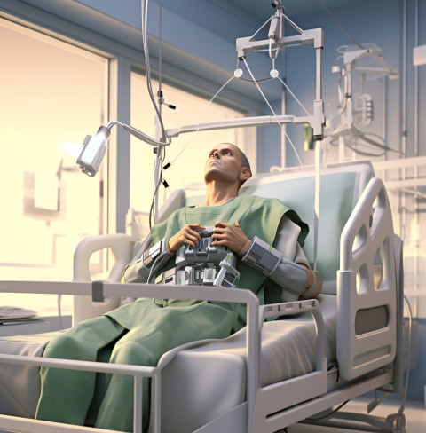 Man in hospital bed on ventilator