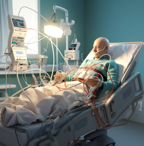 A man is sitting in a hospital bed hooked up to a ventilator