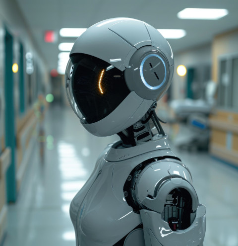 A helpful robot standing in hospital