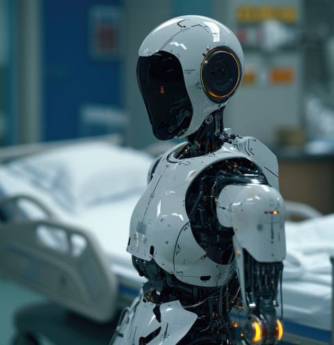 A photo of a robot standing by a hospital bed