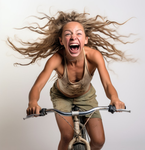 A cheerful girl happily riding a bicycle against a white backdrop