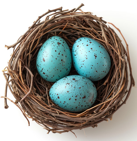 Nest with three blue eggs isolated on white