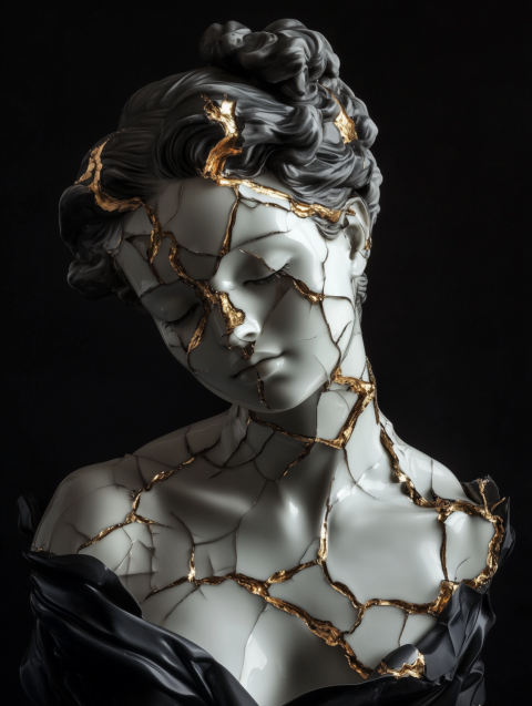 A woman with leaking gold cracks in kintsugi art style