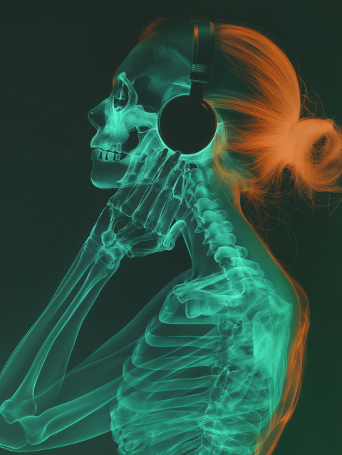 A woman listening to music with headphones in skeleton visible x ray style