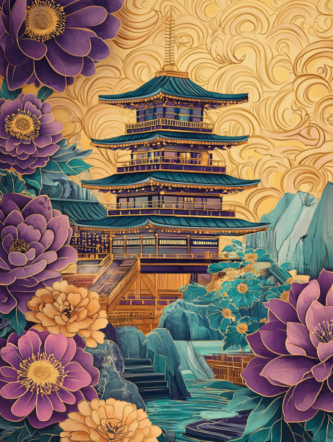 A serene pagoda framed by floral swirls