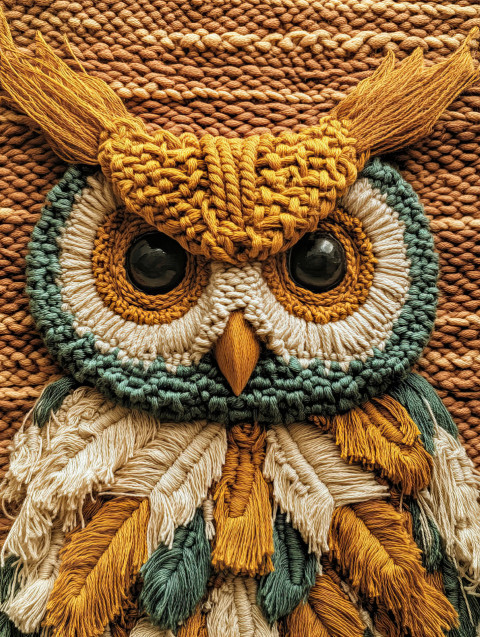 Owl with woven feather details crafted from macrame knots