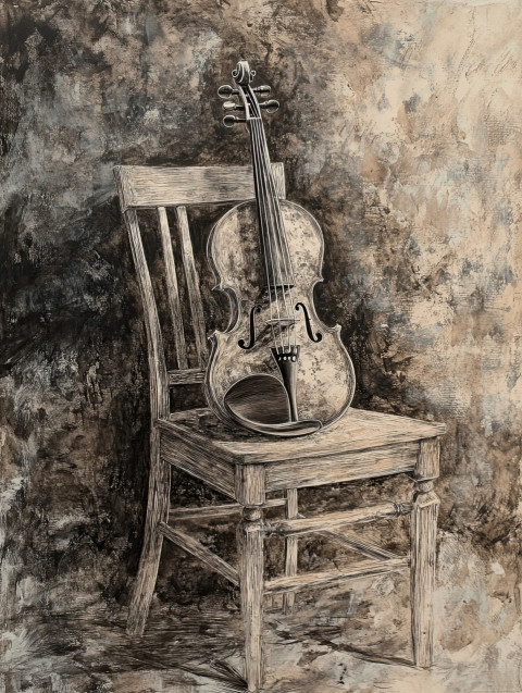 A violin resting on an empty chair