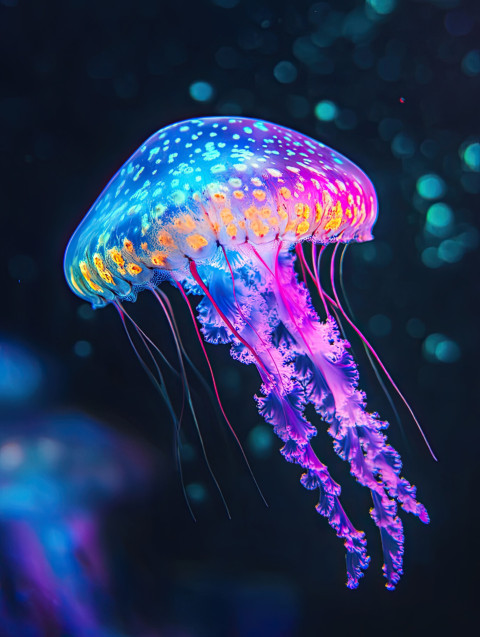 Glowing jellyfish floating in the deep sea