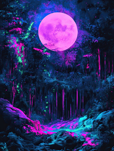 Moonlit forest glowing under the night sky