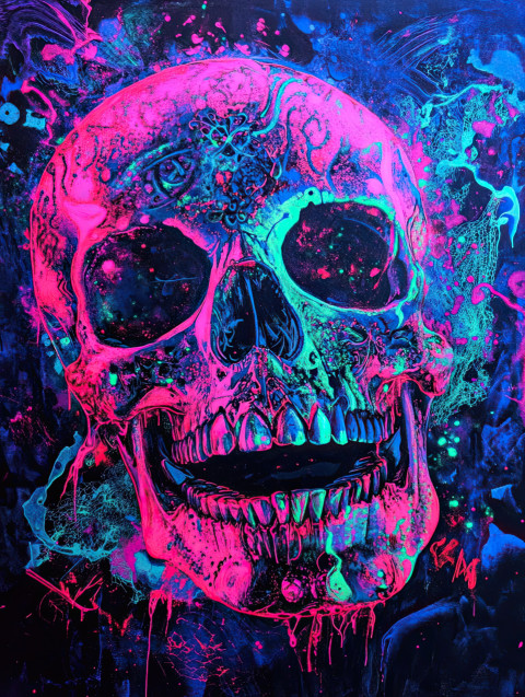 Day of the dead skull painted with glowing neon colors