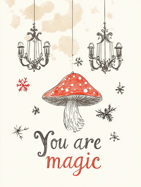 Hand-drawn tiny mushroom sketch with two vintage chandeliers and a red snowflake. "You are magic" in playful text. Cozy beige background with pencil shading and red accents