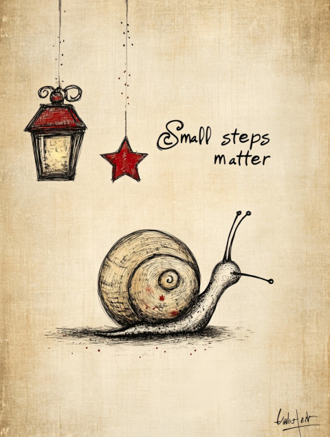 Hand-drawn snail sketch with one vintage lantern and a red star. "Small steps matter" in playful text. Cozy beige background with pencil shading and red accents. Whimsical AI art