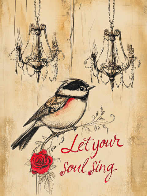 Hand-drawn songbird sketch with two vintage chandeliers and a red rose. "let your soul sing" in playful text. cozy beige background with soft pencil shading and red accents Hand-drawn songbird sketch with two vintage chandeliers and a red rose. "let your soul sing" in playful text. cozy beige background with soft pencil shading and red accents. motivational text art, sketch journal art, whimsical ai art.