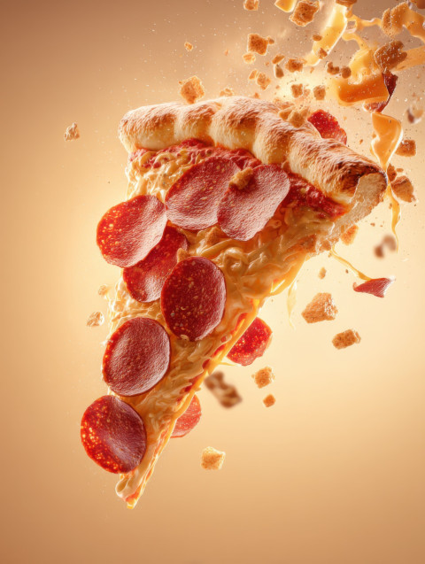 Pepperoni pizza slice explodes with gooey cheese and flying toppings in ultra-realistic motion Pepperoni pizza slice explodes with gooey cheese and flying toppings in ultra-realistic motion