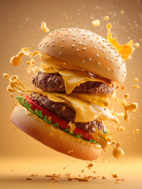 Double cheeseburger explodes mid-air with flying toppings and sauce in cinematic food ad style Double cheeseburger explodes mid-air with flying toppings and sauce in cinematic food ad style