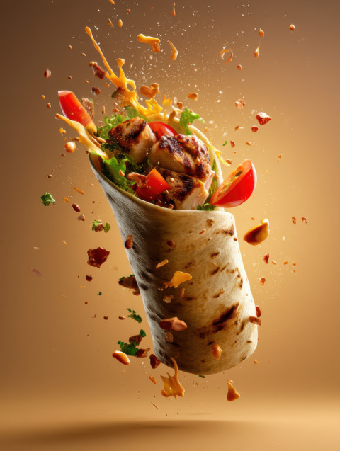 Grilled chicken wrap bursts mid-air with flying vegetables and sauce in slow-motion food ad style Grilled chicken wrap bursts mid-air with flying vegetables and sauce in slow-motion food ad style