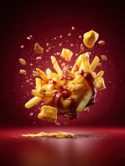 Chili cheese fries erupt mid-air with melted cheese Chili cheese fries erupt mid-air with melted cheese