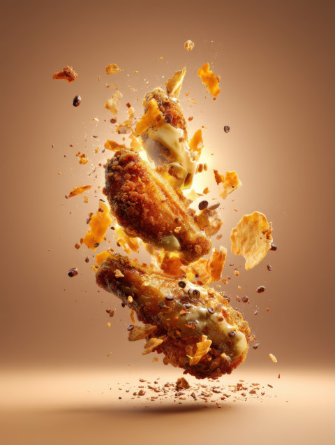 Crispy chicken wings burst mid-air with sauce splashes and scattered ingredients Crispy chicken wings burst mid-air with sauce splashes and scattered ingredients